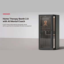 Alt Text: A sleek black therapeutic booth labeled ‘Home Therapy Booth 2.0 with AI Mental Coach,’ featuring a transparent door displaying an on-screen digital face and biometric data for stress-management wellness.