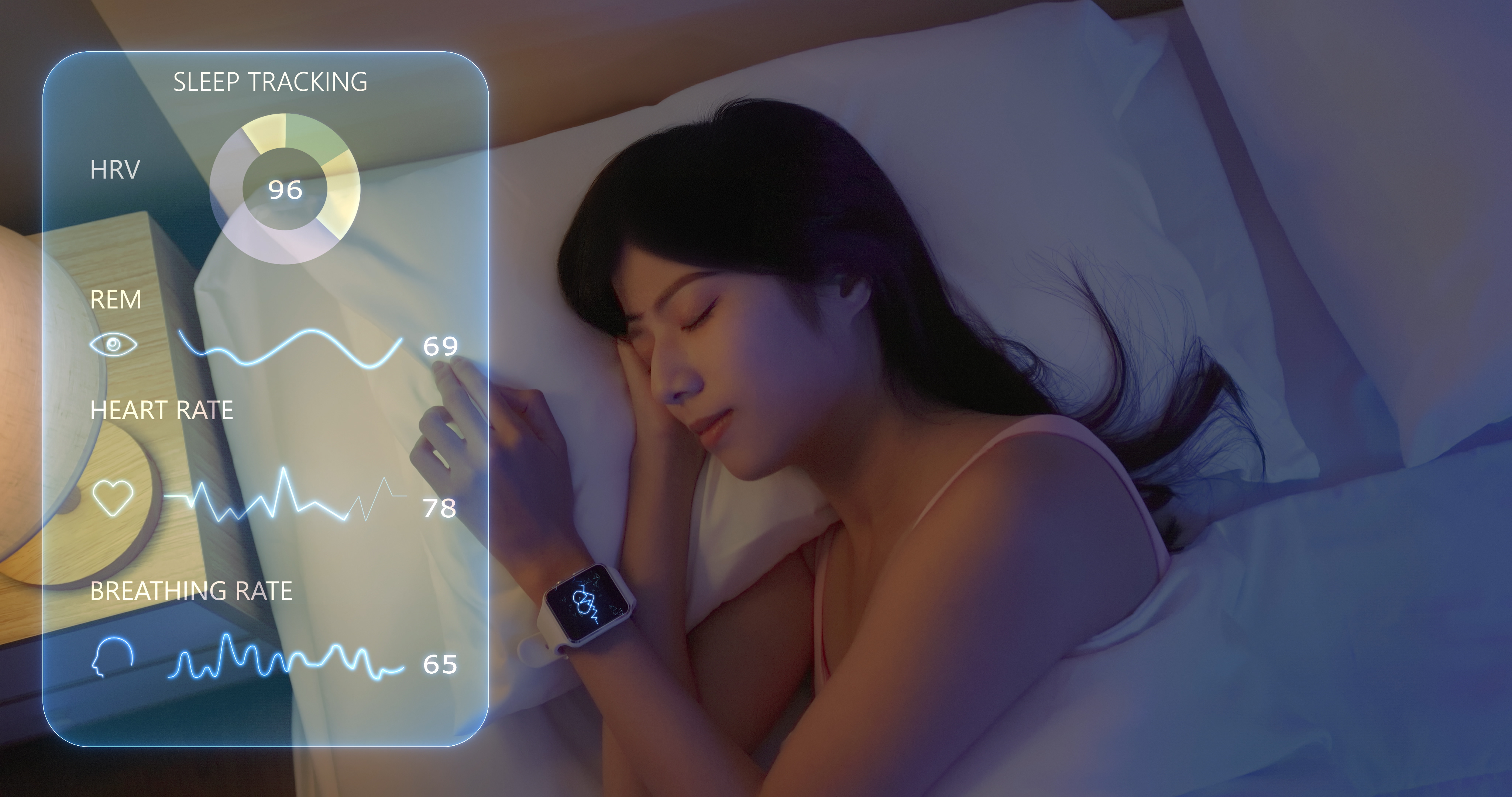 ALT Text:  woman wear smartwatch for sleeping tracking on arm IoT tech collect data app device relax body on cozy bed in future life at home