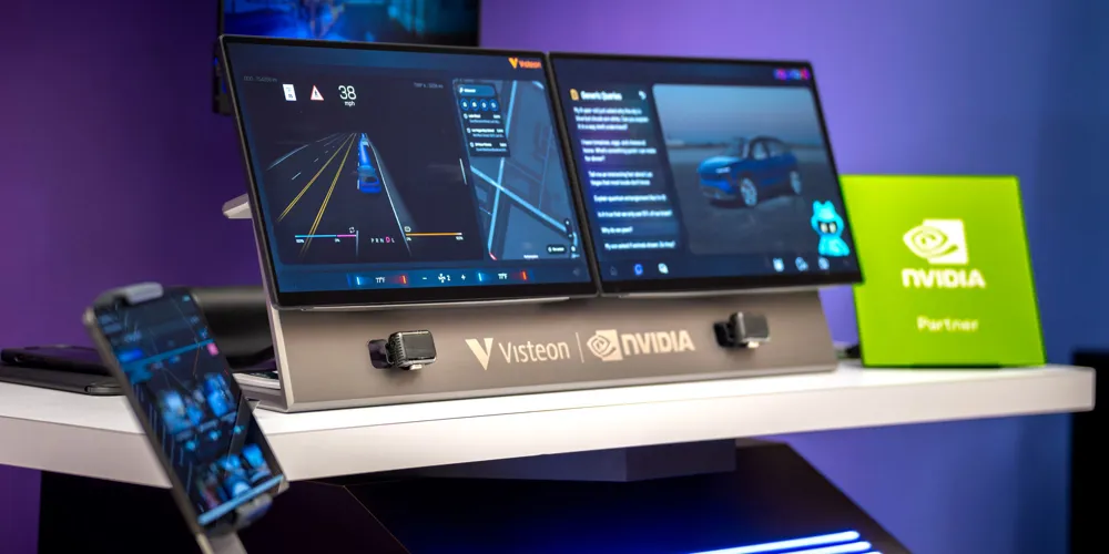 Closeup photo of Visteon’s booth at CES 2026 featuring their AI-ADAS Compute Module powered by NVIDIA.